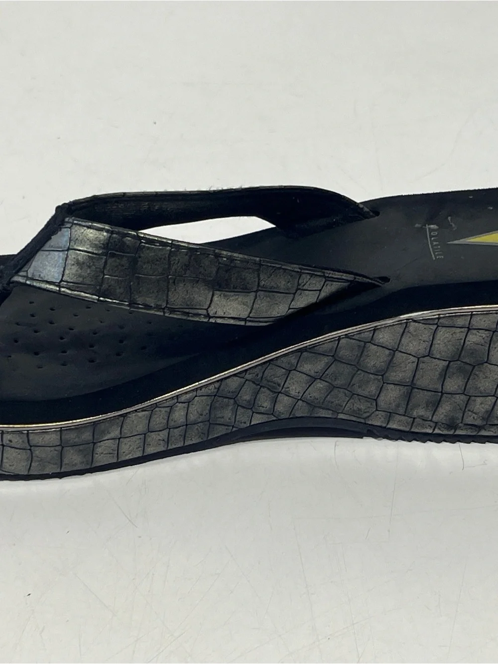 Volatile Metallic Black Croc-Embossed Wedge Thong Sandals